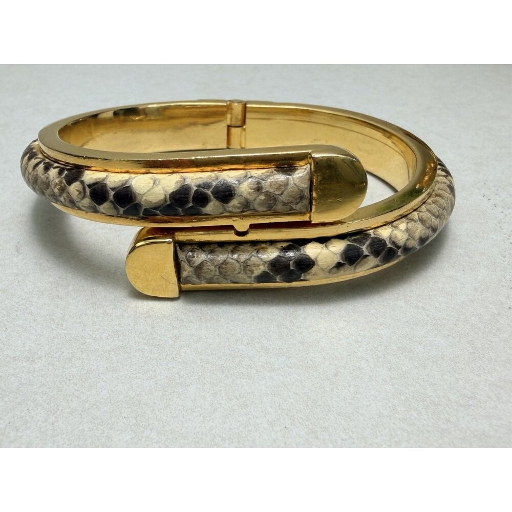 Sleek Snakeskin Style Hinged Bracelet Gold Tone Statement Size 6.5